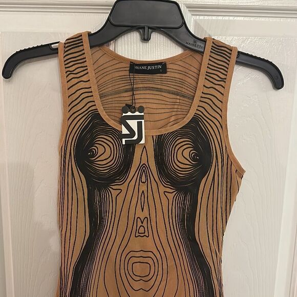 Shane Justin Tan Black Illusion Line Drawing Bodycon Dress Size S NWT - Picture 3 of 4